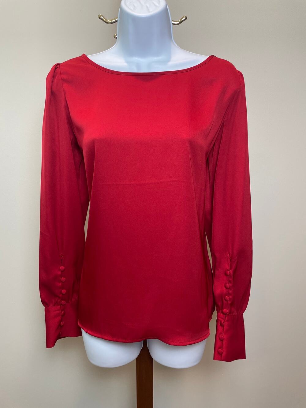 Express Satin Puff Sleeve Long Sleeve Top Size M Red Round Neck Blouse